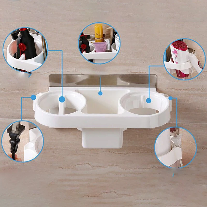 Multifunction Bathroom Storage Hair Dryer Holder Shower Organizer Self-Adesive Wall Mounted Plastic Shelf Shampoo Straightener