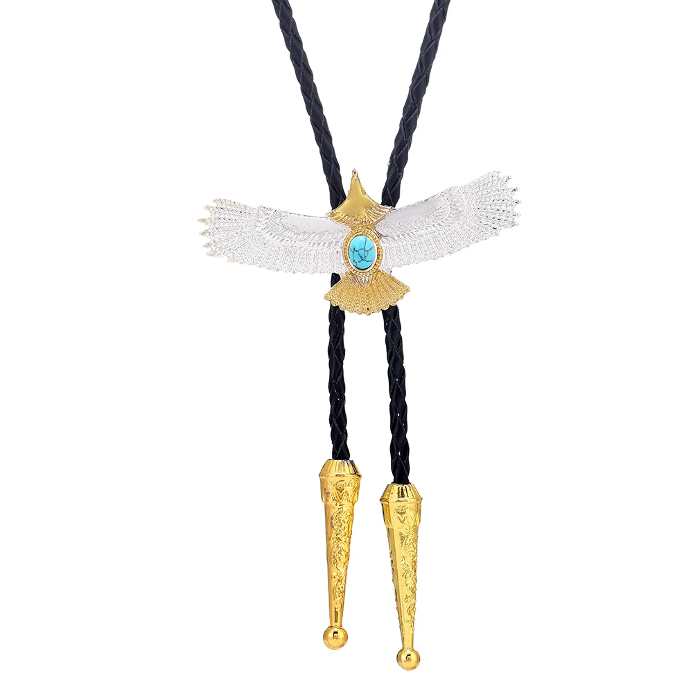 Western cowboy bolo tie silver gold eagle natural turquoise leather collar rope unisex casual clothing accessories