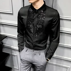 Chemises de Smoking à Paillettes pour Homme, Manches sulf, Noir et Blanc, Décontracté, Slim Fit, Streetwear, Social, 2020