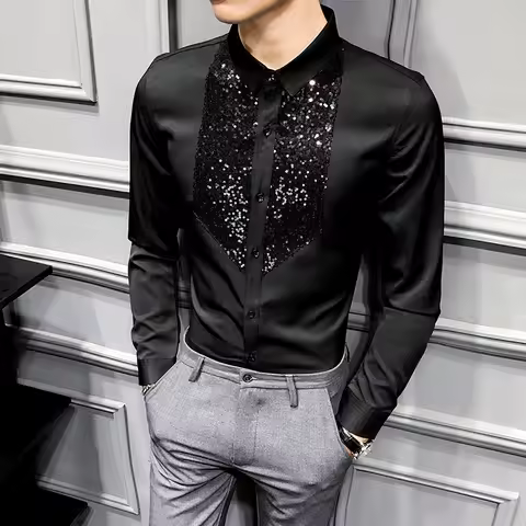 Sequins Tuxedo Shirts Men Long Sleeve Camisa Masculina 2020 Black White Casual Slim Fit Men Dress Shirts Streetwear Social Tops