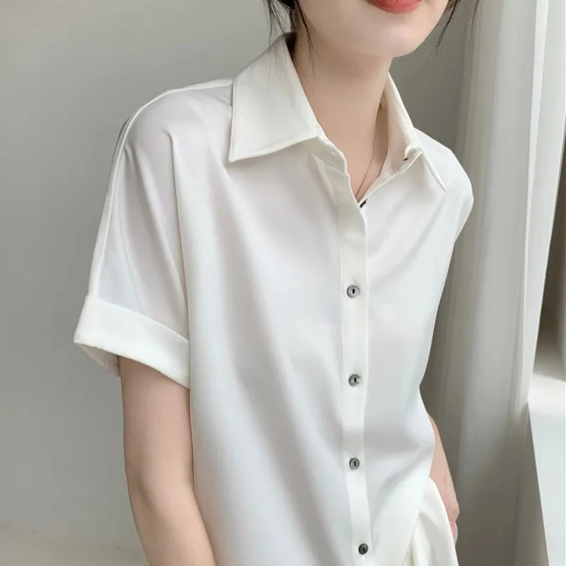 JMPRS Elegant Women Chiffon Shirt White Office Summer Short Sleeve Summer Ladies Tops Casual Loose Large Size Button Up Blouse