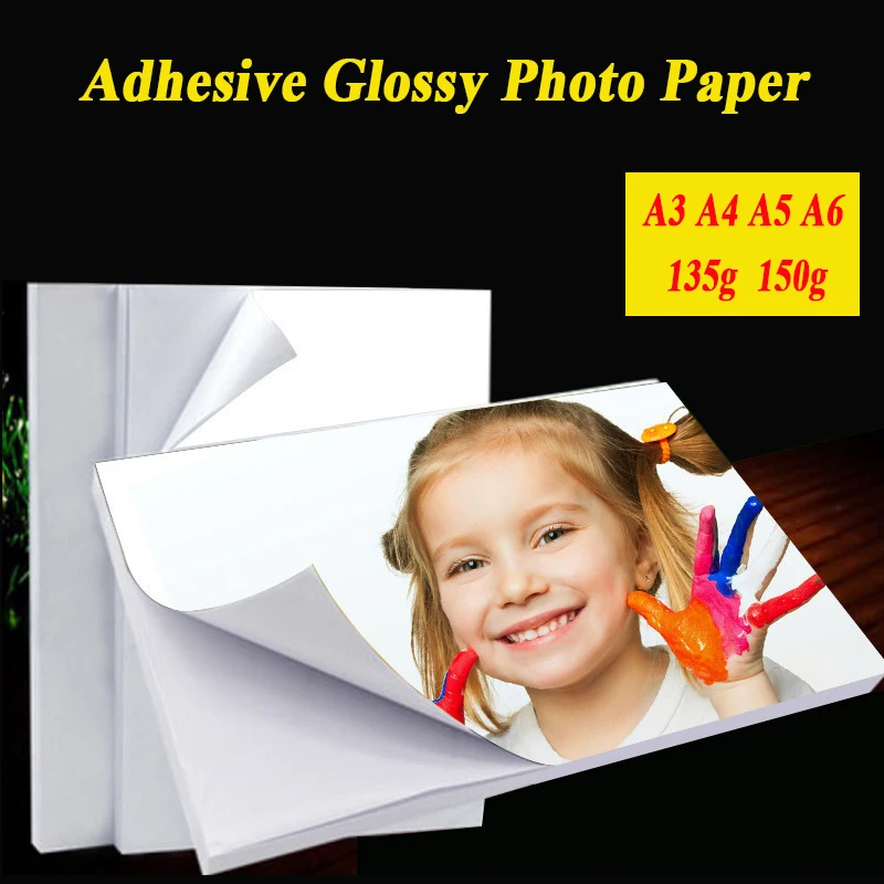 Papel fotográfico autoadesivo com cola traseira adesivo, papel de impressão, alto brilho, 50 folhas, A3, A4, A5, A6, 100 folhas, 135g, 150g