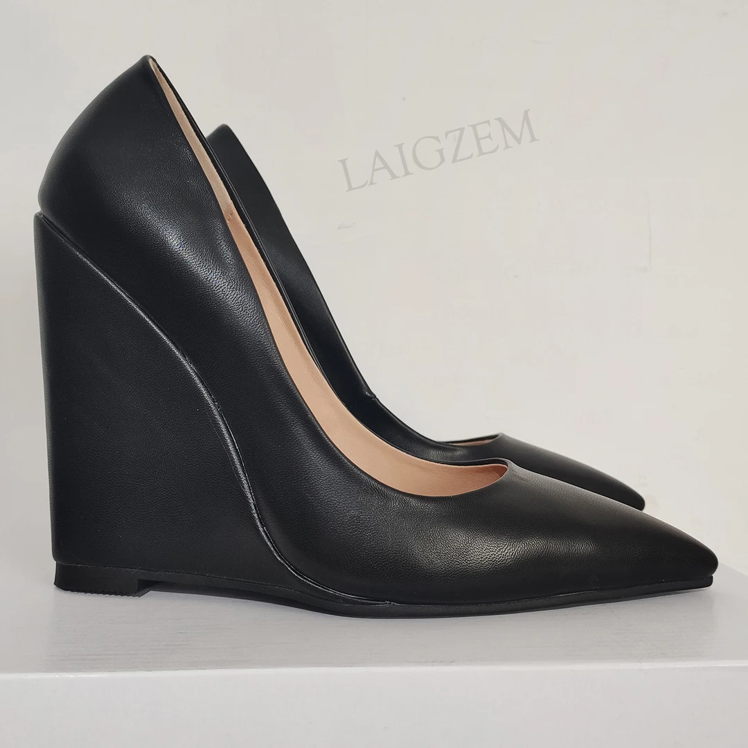 LAIGZEM Women Wedges Pumps Pointy Toe Slip On Faux Leather Black Sandals Ladies Dress Shoes Woman Zapatos Large Size 41 42 45 47