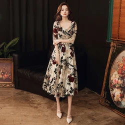 Robe de soiree New V-Neck Zipper Tea-Length dress Elegant Evening Dress Formal Bride Wedding Banquet Birthday Prom Party Dress