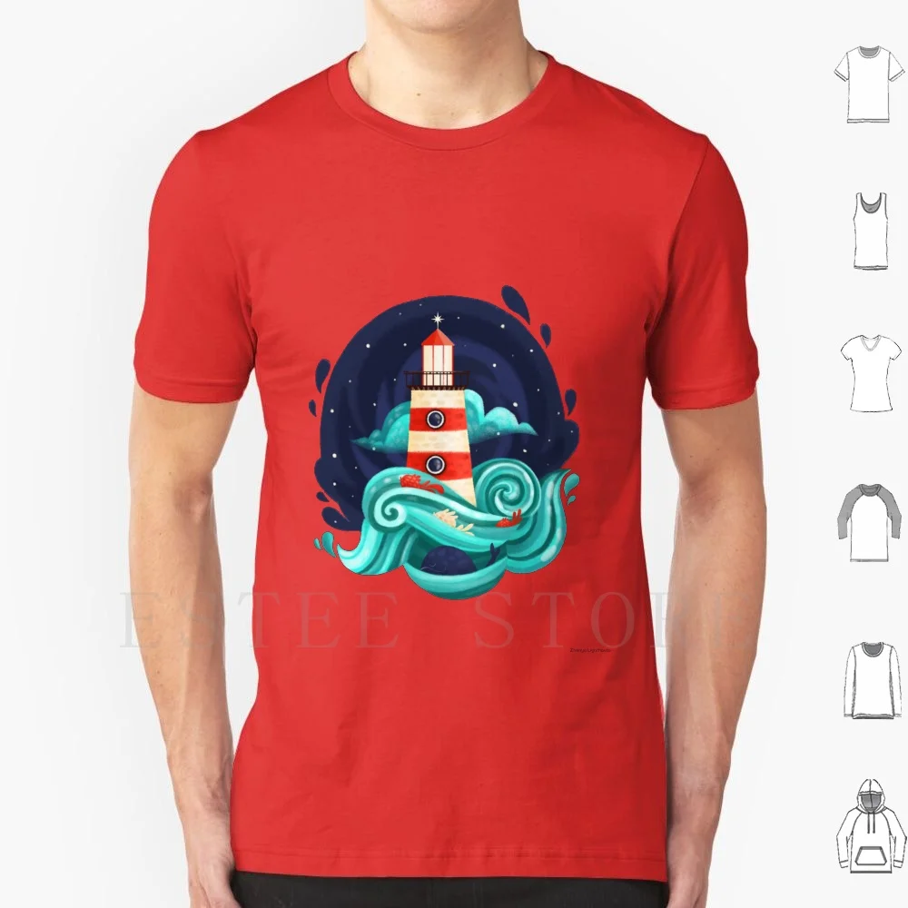 Lighthouse And The Sea T Shirt Cotton Men DIY Print Lighthouse Sea Whale Fish Blue White Red Stars Space