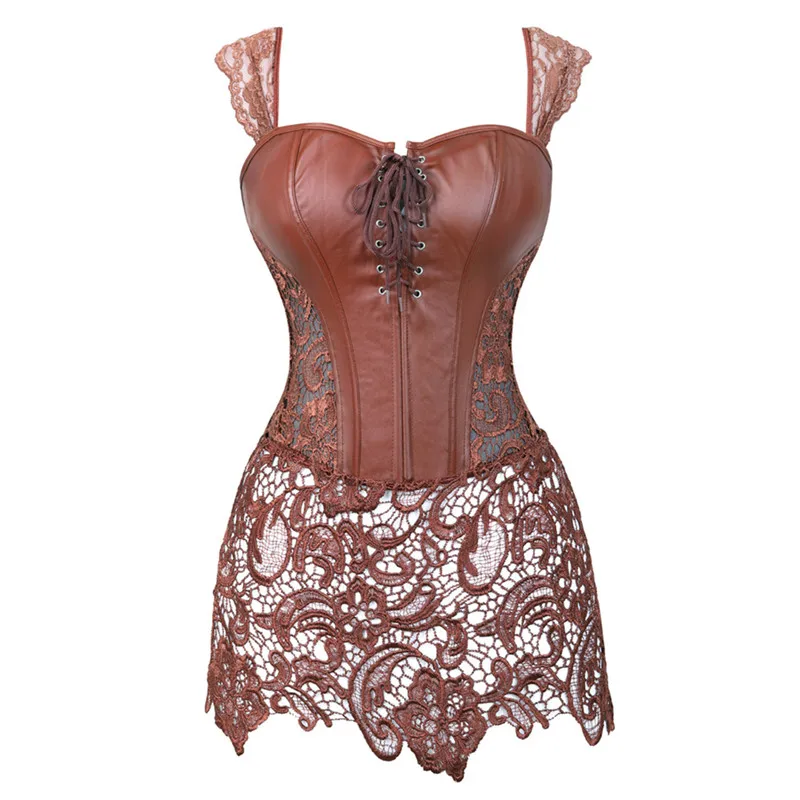 Steampunk Leather Corse Dress Gothic Sexy  Corset Bustier Straps Black Zipper Lace Skirt Exotic Plus Size Espartilho Brown Red