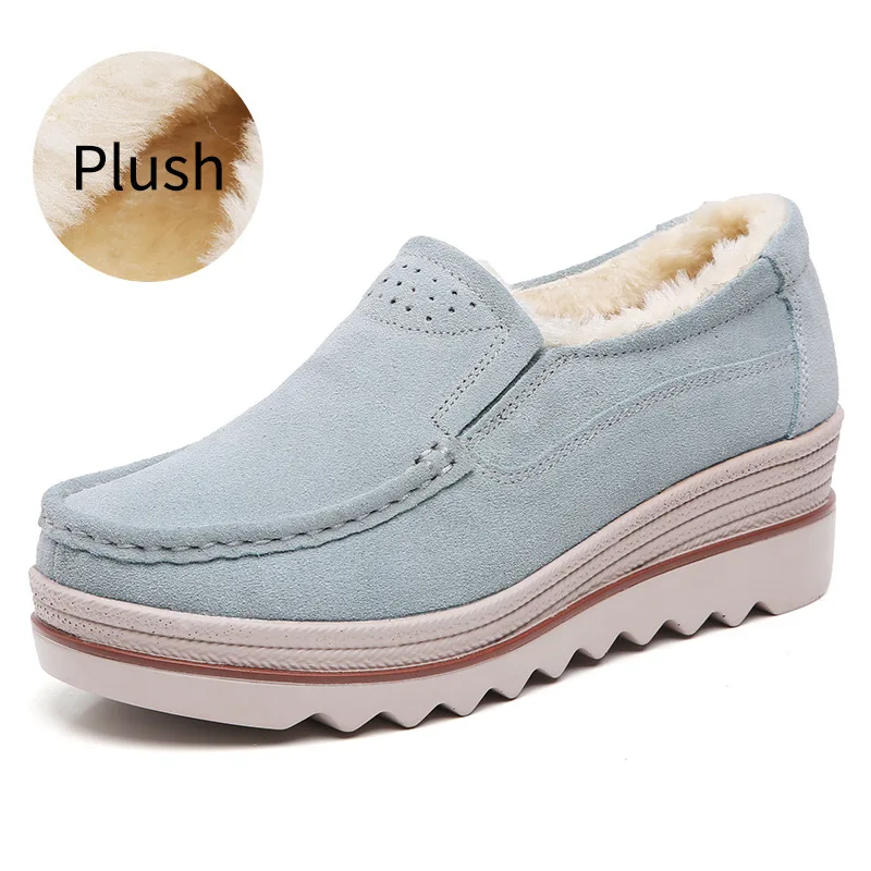 2020 Shoes Women Winter Warm 100% Genuine Leather Flat Shoes Casual Loafers Slip on Women\'s Flats Plush Shoes Moccasins Lady