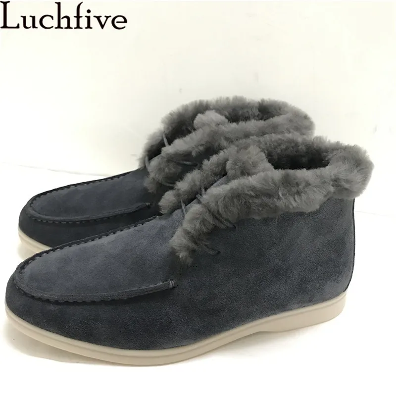 Top-level Comfort Winter Ankle Boots for Woman Real Wool Lace up Snow Boots Nude Grey Suede Leather Warm Fur Boots Woman