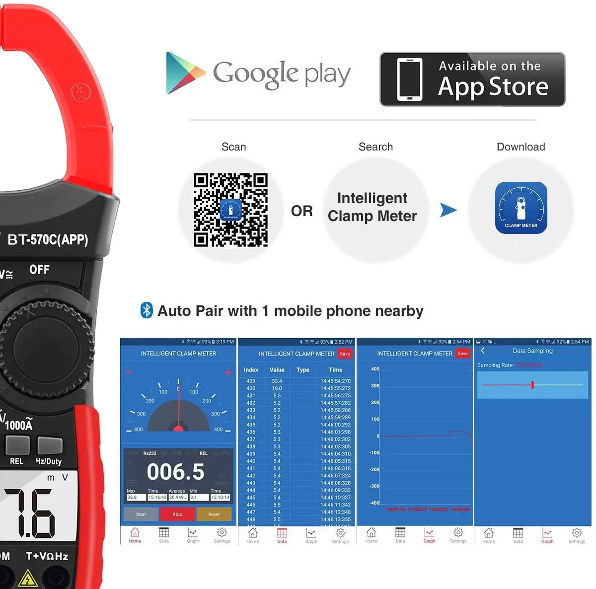 BTMETER BT-570CAPP Digital AC DC Clamp Multimeter Auto-ranging APP Bluetooth Measures Current, Voltage, Resistance, Capacitance