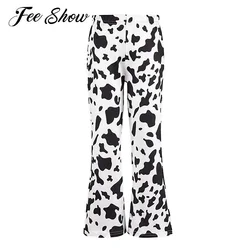 Black White Fashion Kids Girls Pants High Waist Elastic Waistband Cow Pattern Print Flared Pants Bell Bottoms Casual Home wear
