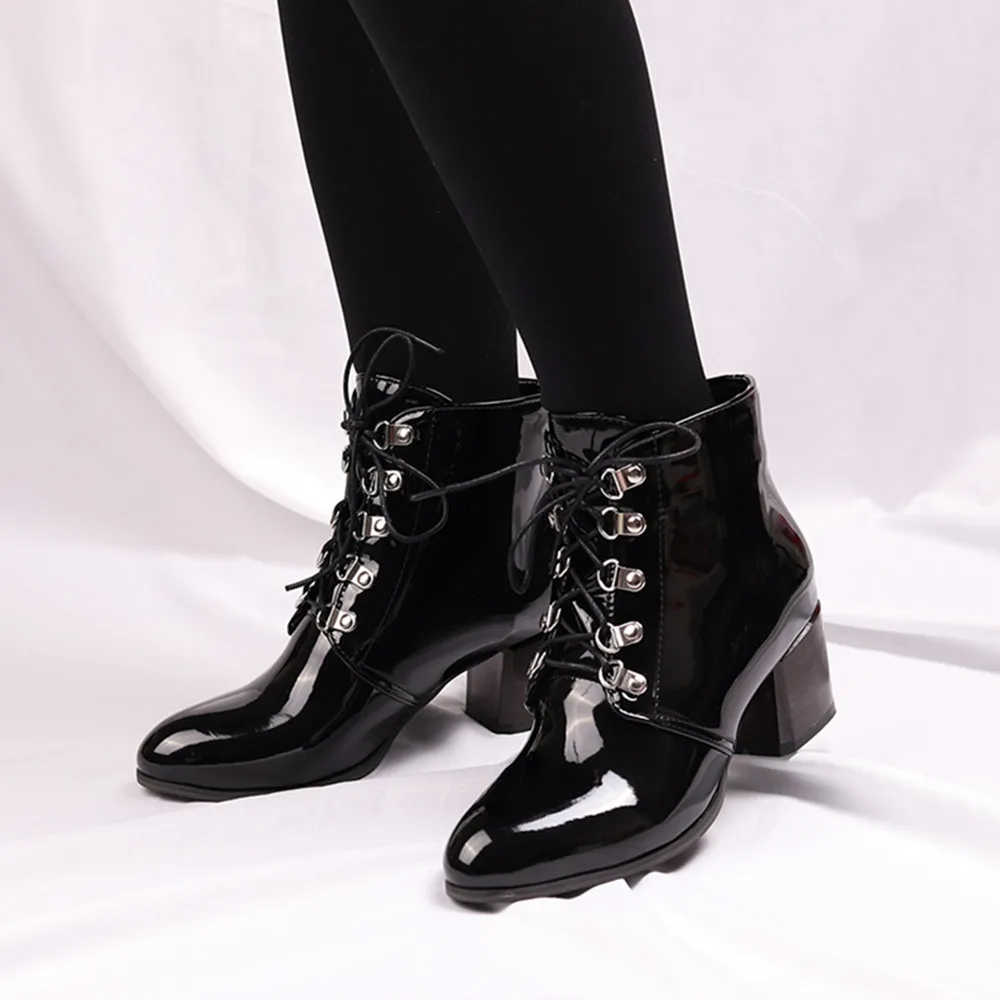 Spring Autumn New Arrival Fashion Shoes Women Boots Lace-up Patent Leather Ankle Boots Pointed Tick Heels Platform Boots Punk 43