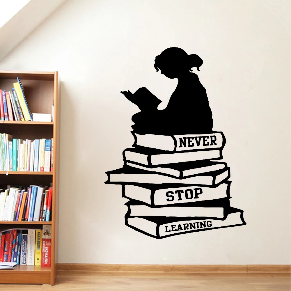 Education Inspirational Wall Sticker Girl Reading Books Never Stop Learning Wall Decals Quotes Vinyl Library School Decor X072