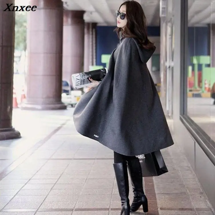 Medi Length Cloak Batwing Sleeve Woolen Coat Women Woolen Jakcets Autumn Winter New Hooded Windbreaker Coats Female Woolen Coat