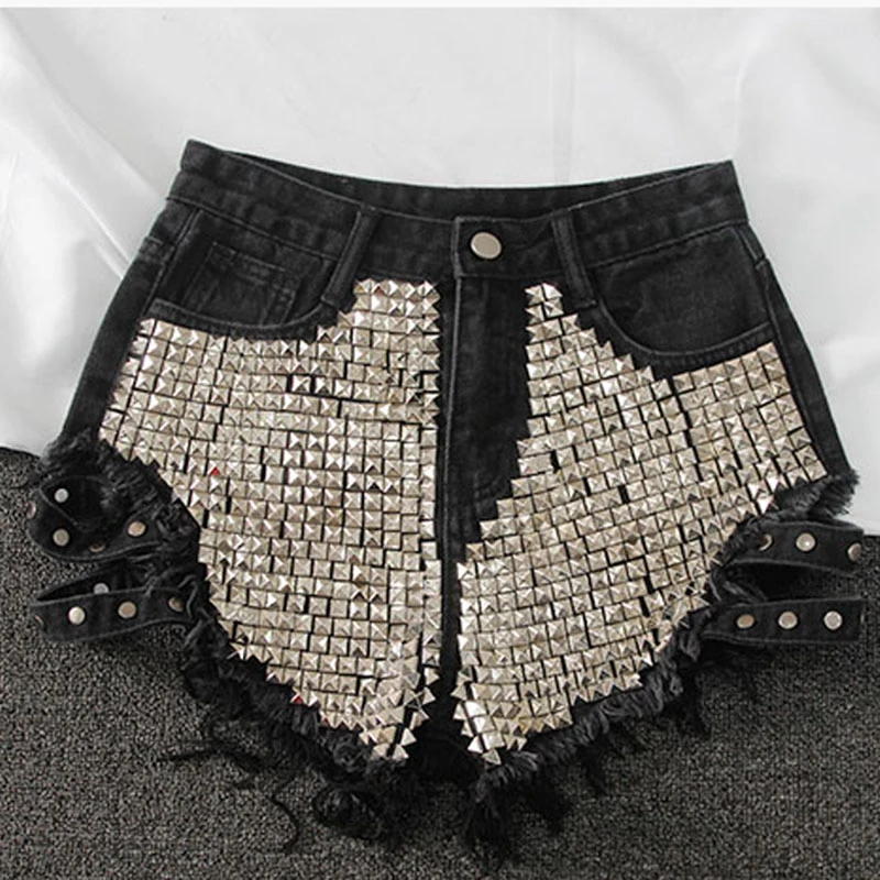 Punk Rivet denim shorts 2022 summer spring women high waist loose tassel jeans shorts black/blue/white hole shorts KZ388