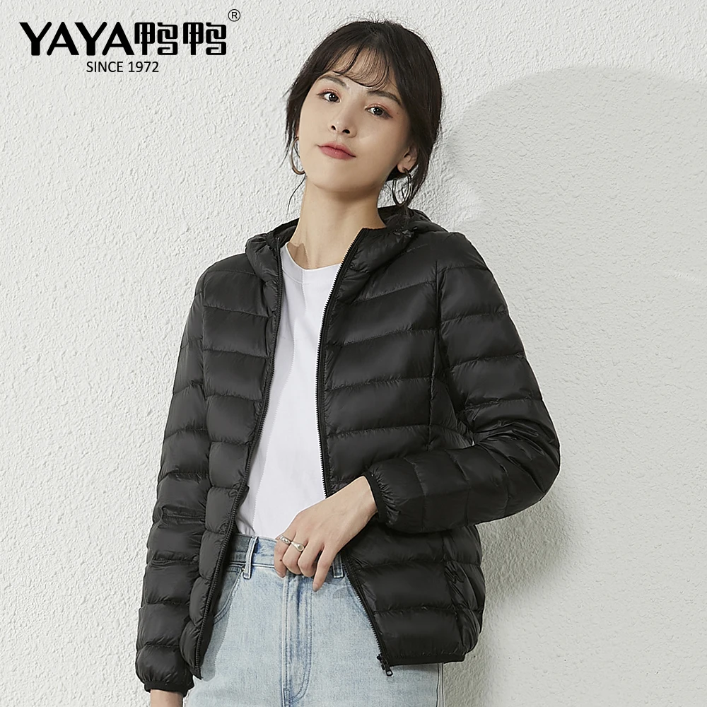 YAYA 2023 Spring New High Quality Women\'s Duck Down Jacket Lightweight Thin Short Hooded Warm Solid Color Outerwear