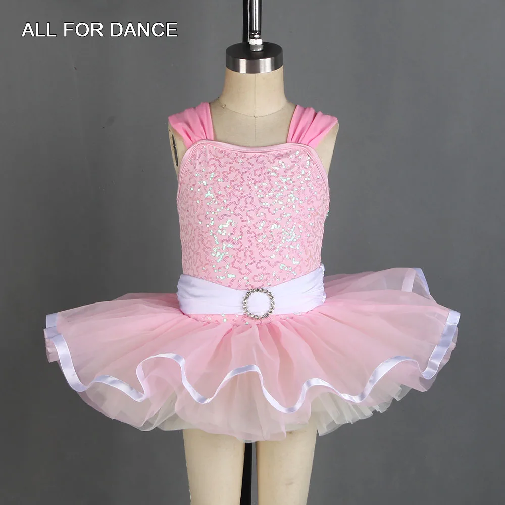 

20187 Pink Ballet Tutu Dress for Kids Dance Show Costume Sequin Boidce Leotard Dress with Ribbon Trim Dancing Dresses