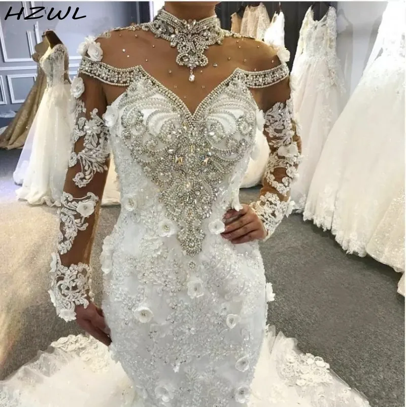 Vestido de noiva luxo estilo sereia, vestido de casamento, alta, sem mangas, cristais, ilusão, longo, com renda