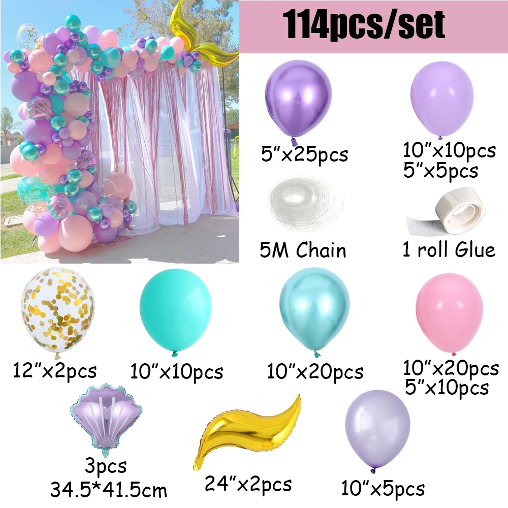 114Pcs Mermaid Tail Balloon Garland Kit Arch Mermaid Theme  Wedding Birthday Party Decorations Baby Shower Kids Mermaid Balloons