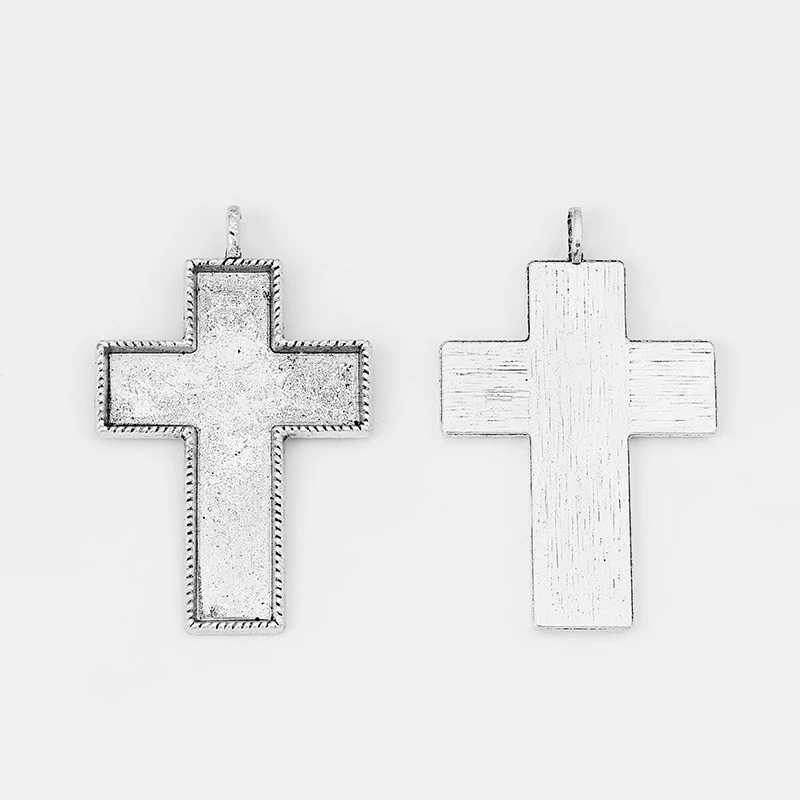 2Pc Tibetan Silver 50x70mm Cross Shape Cameo Cabochon Base Settings Diy Blank Pendant Trays 7mm Hole For Necklace Jewelry Making