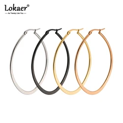 Lokaer Stainless Stee Trendy Oval Flattened Exaggerated Hoop Earrings Black/Gold Color Party Earrings Jewelry For Women E18374