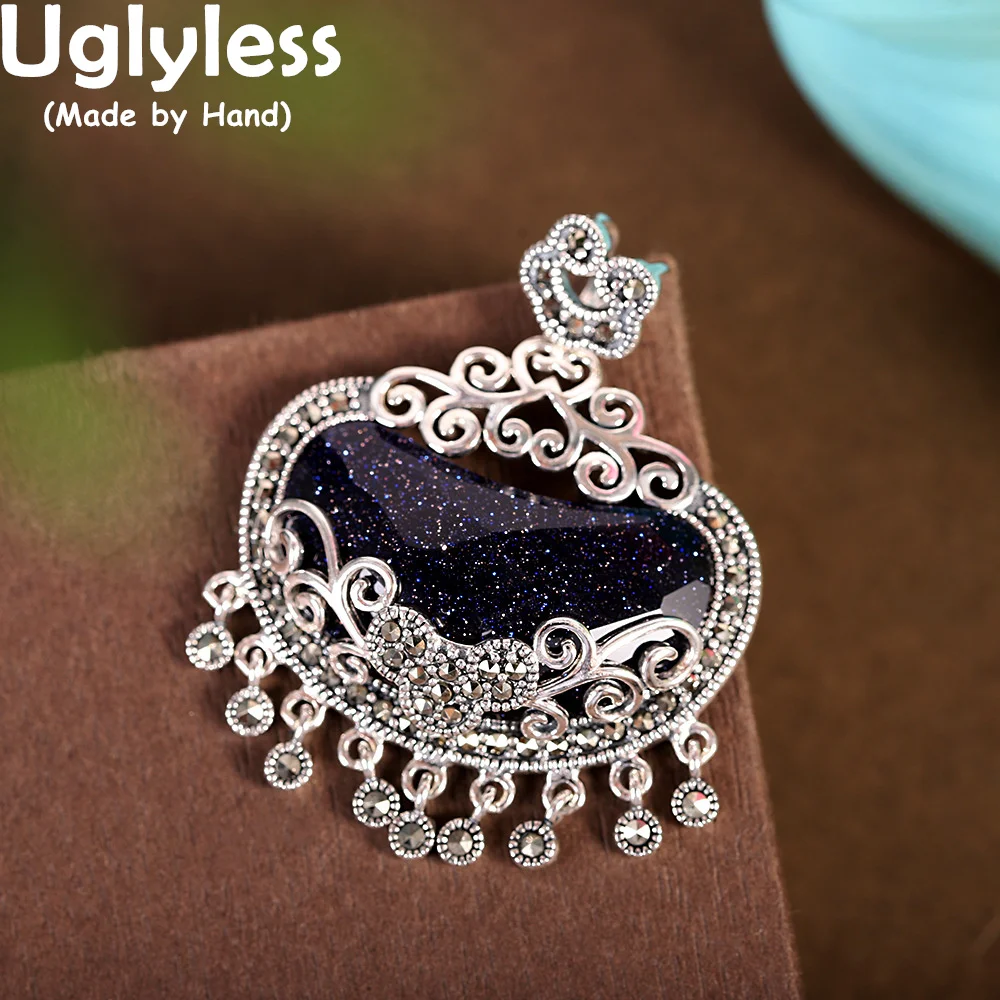 

Uglyless Eastern Beauty Heart-shape Chalcedony Pendants for Women Marcasite Tassels Necklaces NO Chains 925 Thai Silver Jewelry