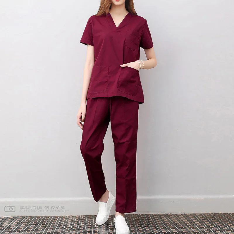 Workwear Clothes Health Workers Frosted Tops Pants Beauty Salon Scrub Uniforms Scrubs Set Short Sleeve V-neck Uniform coat