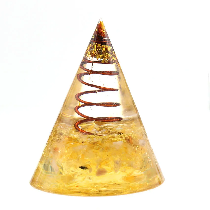 Orgone Round Cone Pyramid Natural Chip Stone Reiki Healing Energy Converter Copper Wire Helix Orgonite Resin Poured Decorative