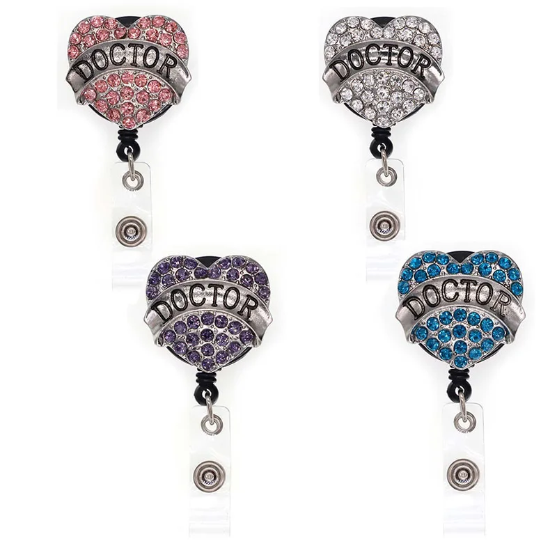 10pcs Mix Coloor DOCTOR Retractable Badge Reel Heart Shaped Nurse Gift ID Name Card Badge Holder Rhinestone 4 Colors