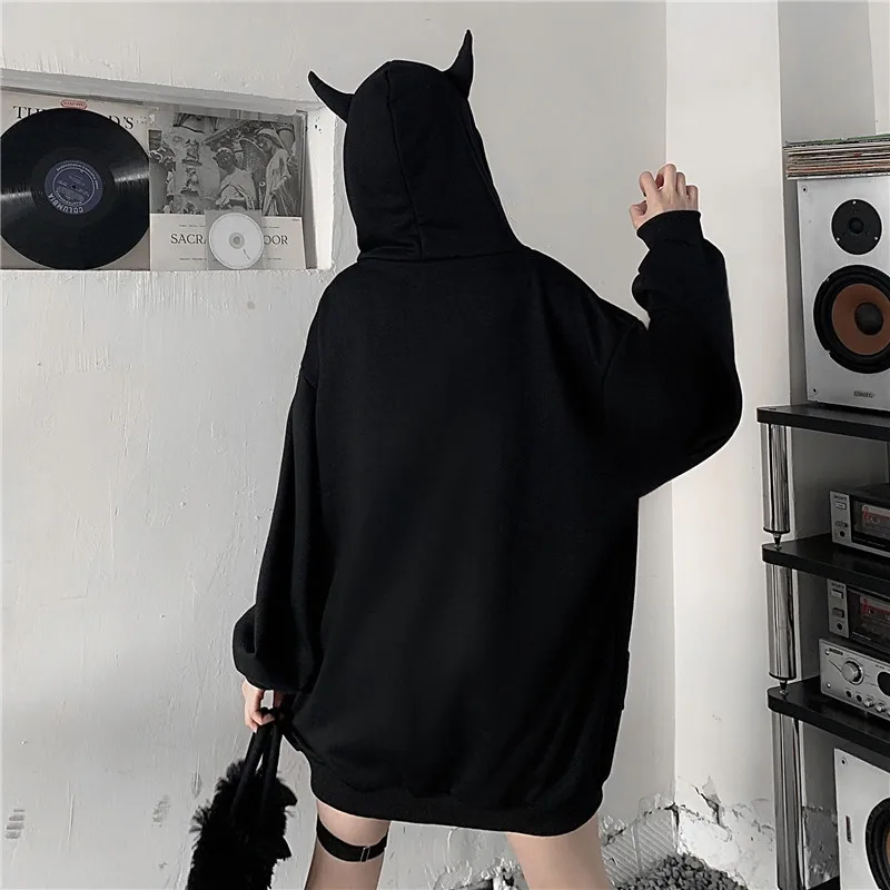 Ruibbit Spring Autumn Women Harajuku Punk Gothic Girls Black Devil Horn Hoodies Sweatshirt Hooded  Japanese Hip Pop Plus Size