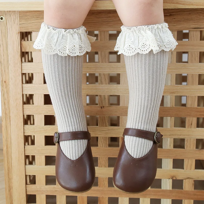 Newborn Baby Girls Ruffles Knee-high Socks Fashion Lace Socks for Toddler Kids Autumn Cotton Knitted Stockings Baby Girls