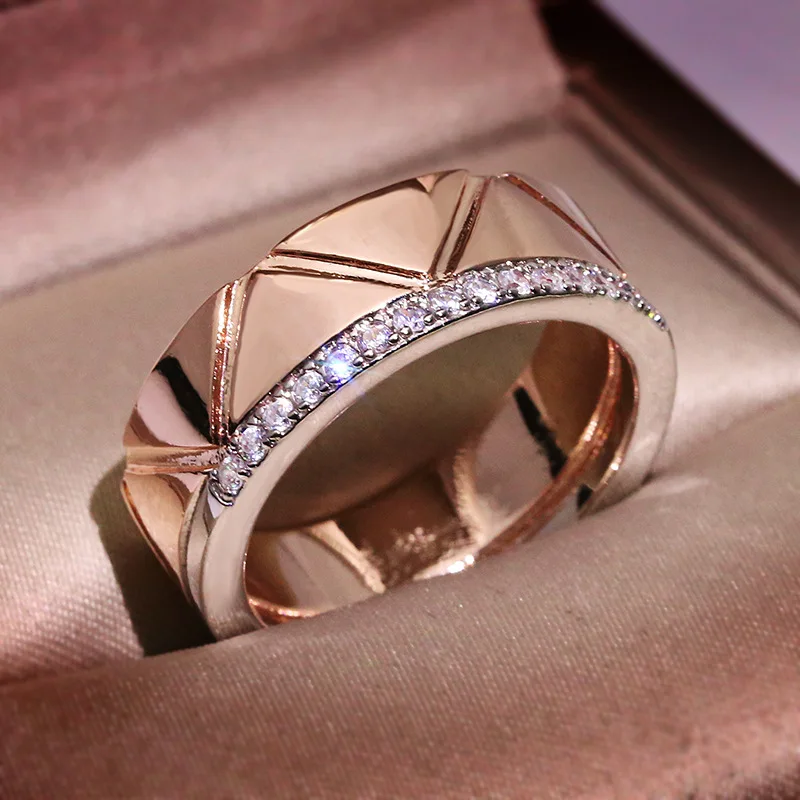 2021 NEW Trend Tow Tone Color Rose Gold Geometric Ring for Women Zircon S925 Silver Wedding Party Engagement Gift Jewelry