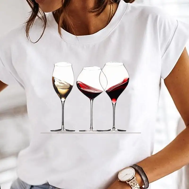 Women Cartoon Print Short Sleeve Tops Graphic Tees Female Tshirt Wine Cup Love 2022 Fashion Clothes Lady T-Shirt