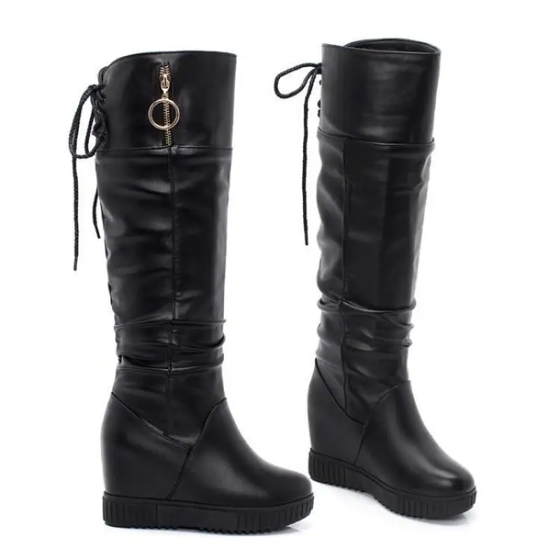 33-43 Women\'s Shoes White Boots Wedges High Heels Thin Leg Boots Back Back Lace Up Long Boots