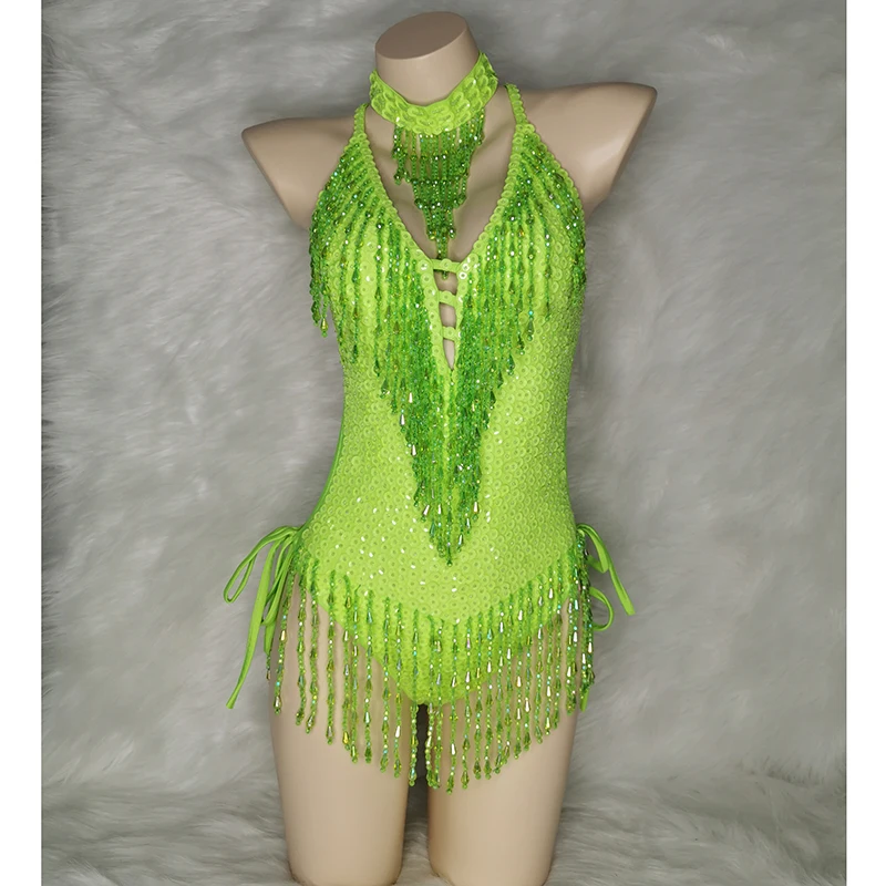 Sparkly Green Tassel Bodysuit Sexy Women Outfit Beads Sequins Carnival Costume Costume Stage Performance One-piece Dance Wear