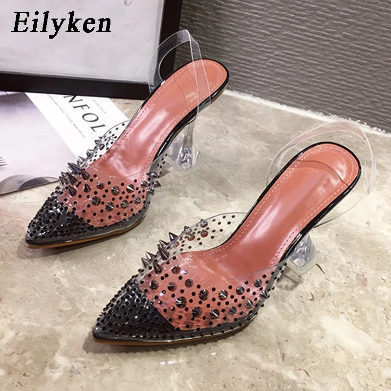 Eilyken Gold Silver PVC Transparent Rivet Diamond Pumps Sandals Perspex Heel Pointed Toe Crystal Wedding Shoes