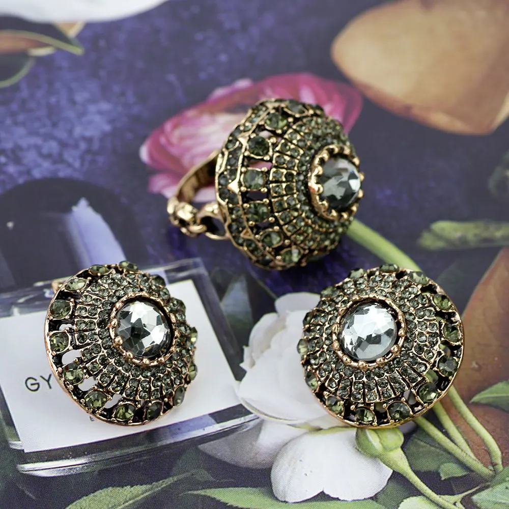 Sunspicems Gothic Gray Rhinestone Earring Ring Sets Turkish Design Antique Gold Color Ethnic Wedding Jewelry Gift Wholesale