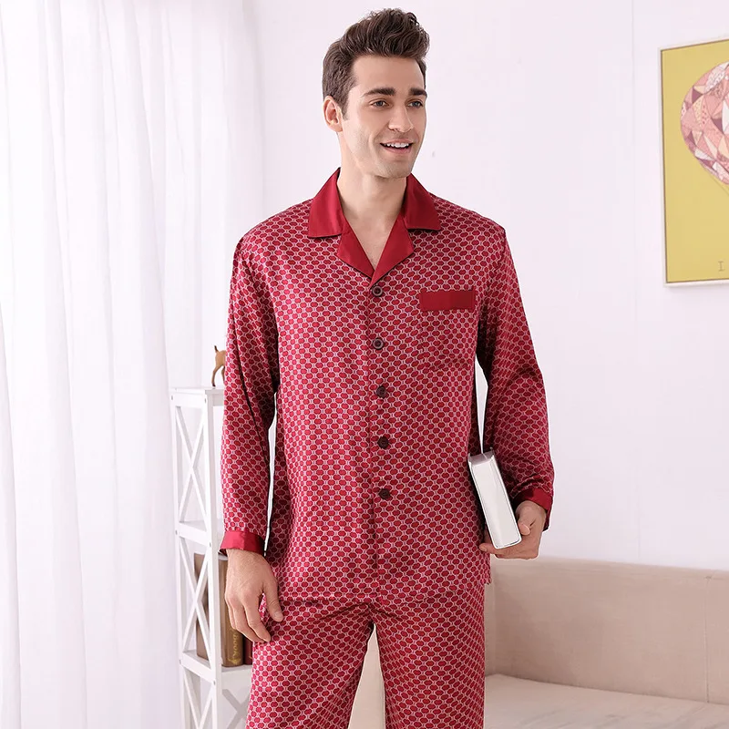 Kupokasi Summer Men Pajamas Plus Size Silk Pajamas Two-piece Suit Luxury Mulberry Silk Pajamas Plaid Home Service Sleep Wear