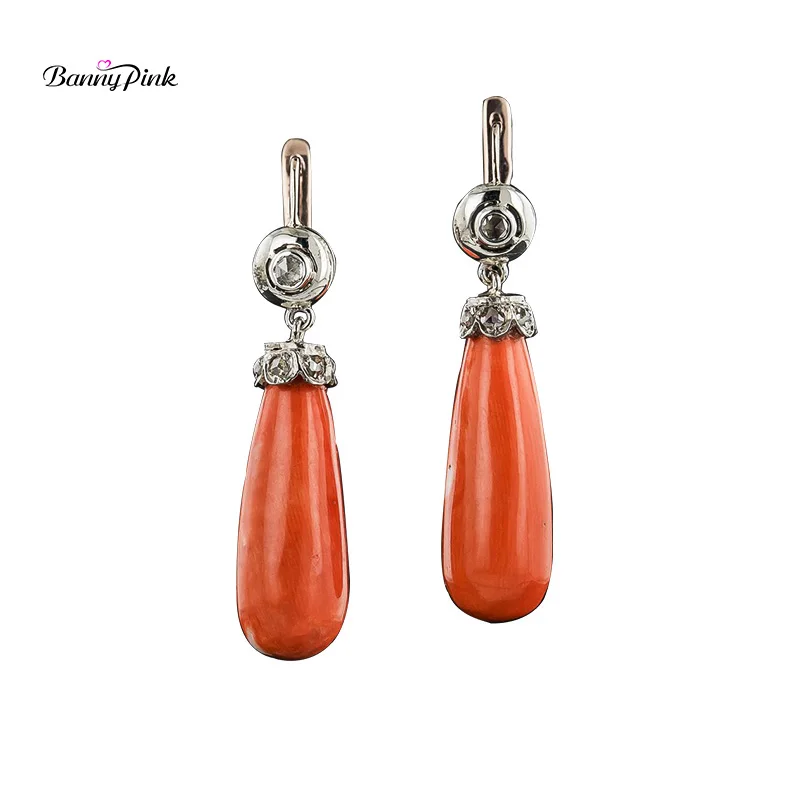 Banny Pink Vintage Water Drop Orange Stone Stud Earring For Women Ethnic Chic Coral Antique Metal Ear Fashion Jewelry