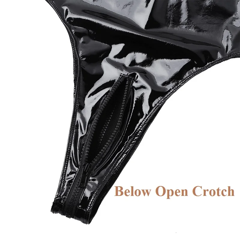 Glossy Open Crotch Leather Lingerie For Women Sexy Below Crotchless Bodysuit See Through Porn Bare Breast Latex Catsuit Sexi