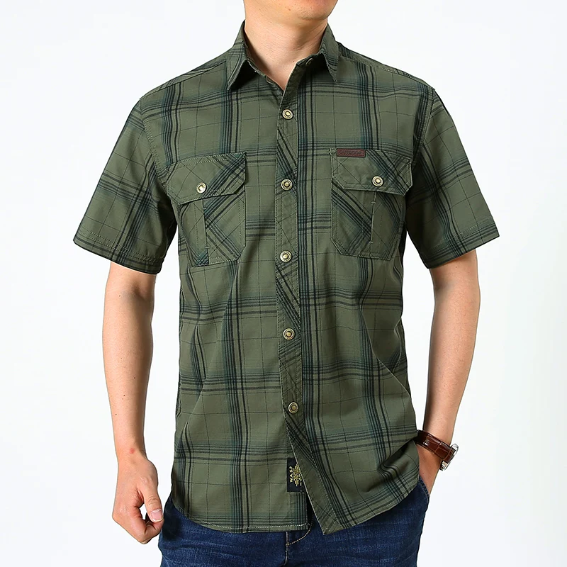 2021 Men Summer 100% Cotton Military Plaid Shirt Short Sleeve Cargo Shirts Men Spring Casual Single Breasted Business Shirt Men