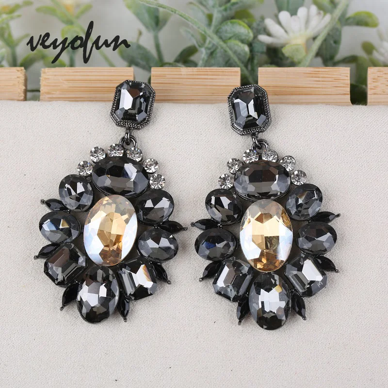 Veyofun Luxury Round Crystal Drop Earrings Party Bridal Dangle Earrings Fashion Jewelry for Women New Gift