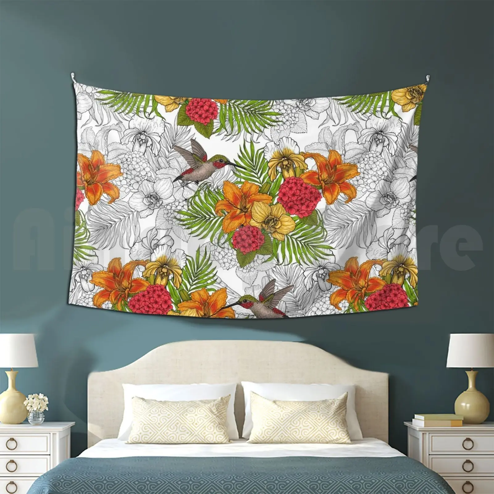 Hummingbirds And Tropical Bouquet Tapestry Living Room Bedroom Hummingbird Bird Botanical Bouquet Floral Lily Daylily