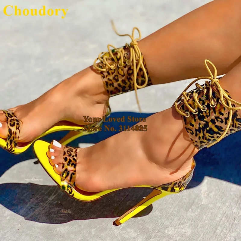 Choudory Leopard PVC Strappy High Heel Sandals Neon Yellow Color Patchwork Dress Shoes Lace-up Stiletto Heels Gladiator Sandals