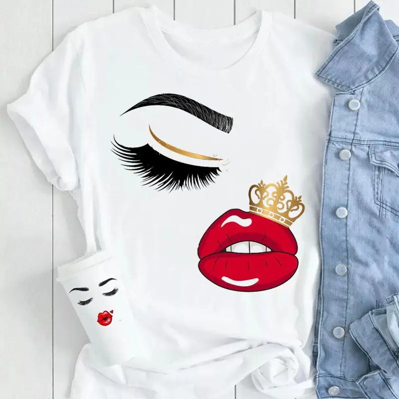 T-shirts Graphic Tshirt Top Lady Female Tee Cartoon Women Casual 90s Fashion Eyelash Lashes Print Watercolor Lip Trend Clothes