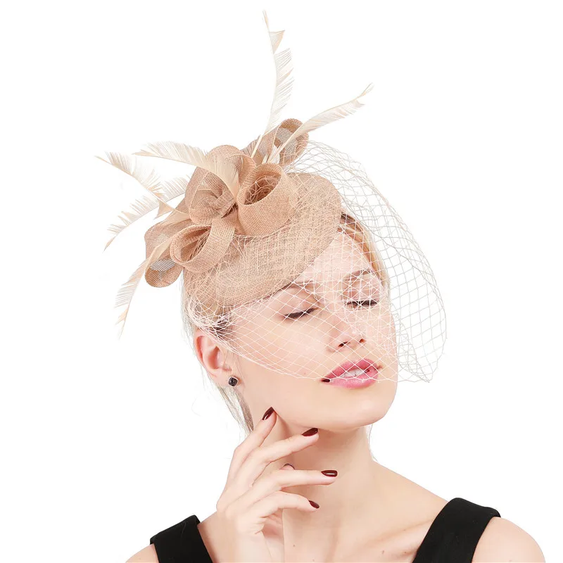 Elegant Women Chic Mesh Headwear Hoops Fascinator Hat Mesh Fancy Feather Hair Accessories Chapeau Cap Party Dinner Headpiece