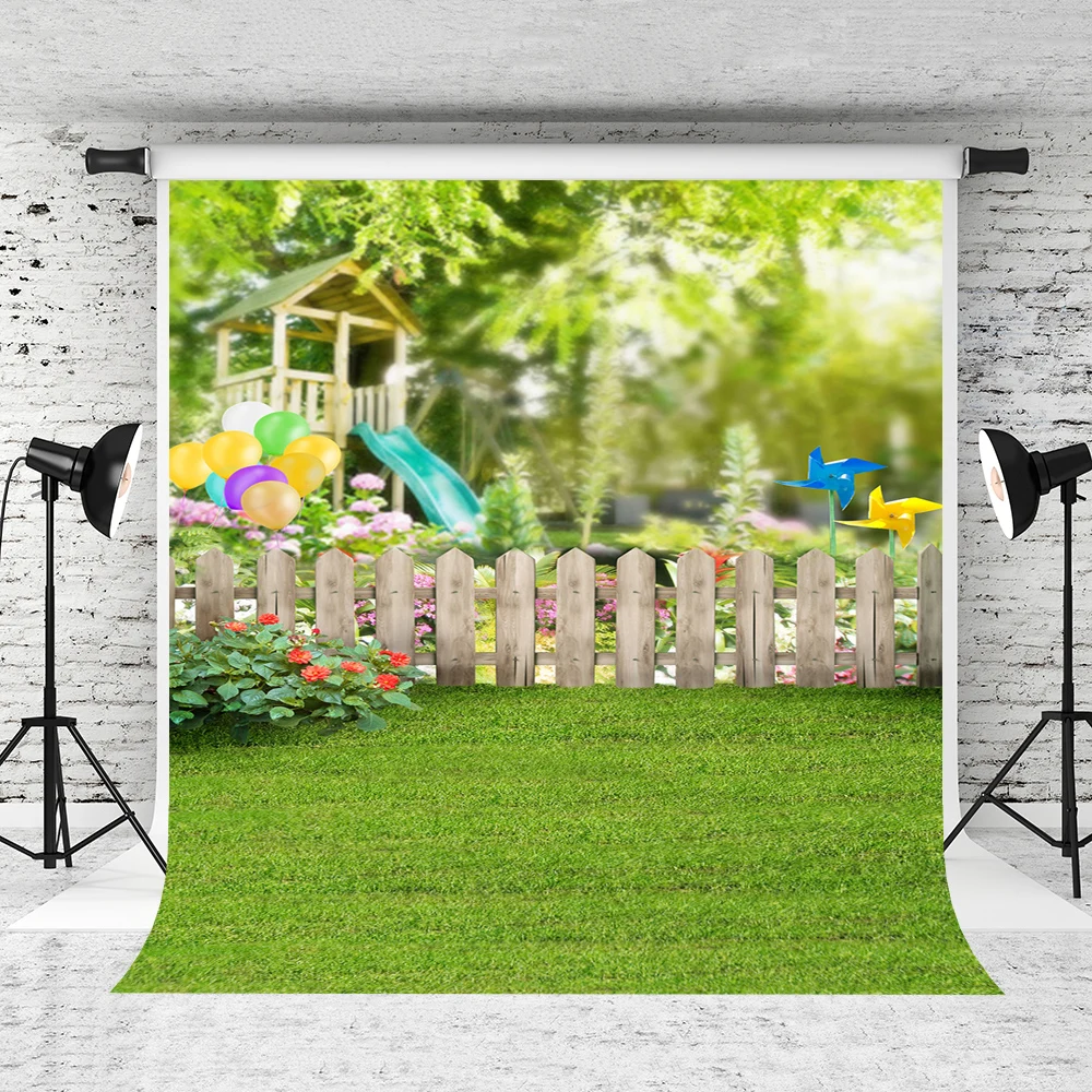 

VinylBDS 2x3m Spring Photography Background Slide Playing Balloon Studio Backdrop White Fence Photo Background