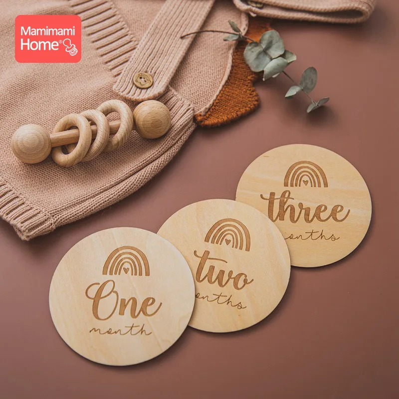 14pc Baby Wooden Teether Photogra Wooden Month Milestone Cards Newborn Monthly Memorial Commemorative Photo Accessories For Kids