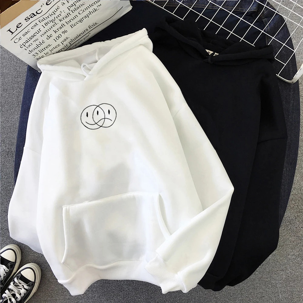Student Sportswear Tops Smile Sad Face Streetwear Sweatshirt Women Casual Pullover Hip Hop Long Sleeve Line Print Hoodies