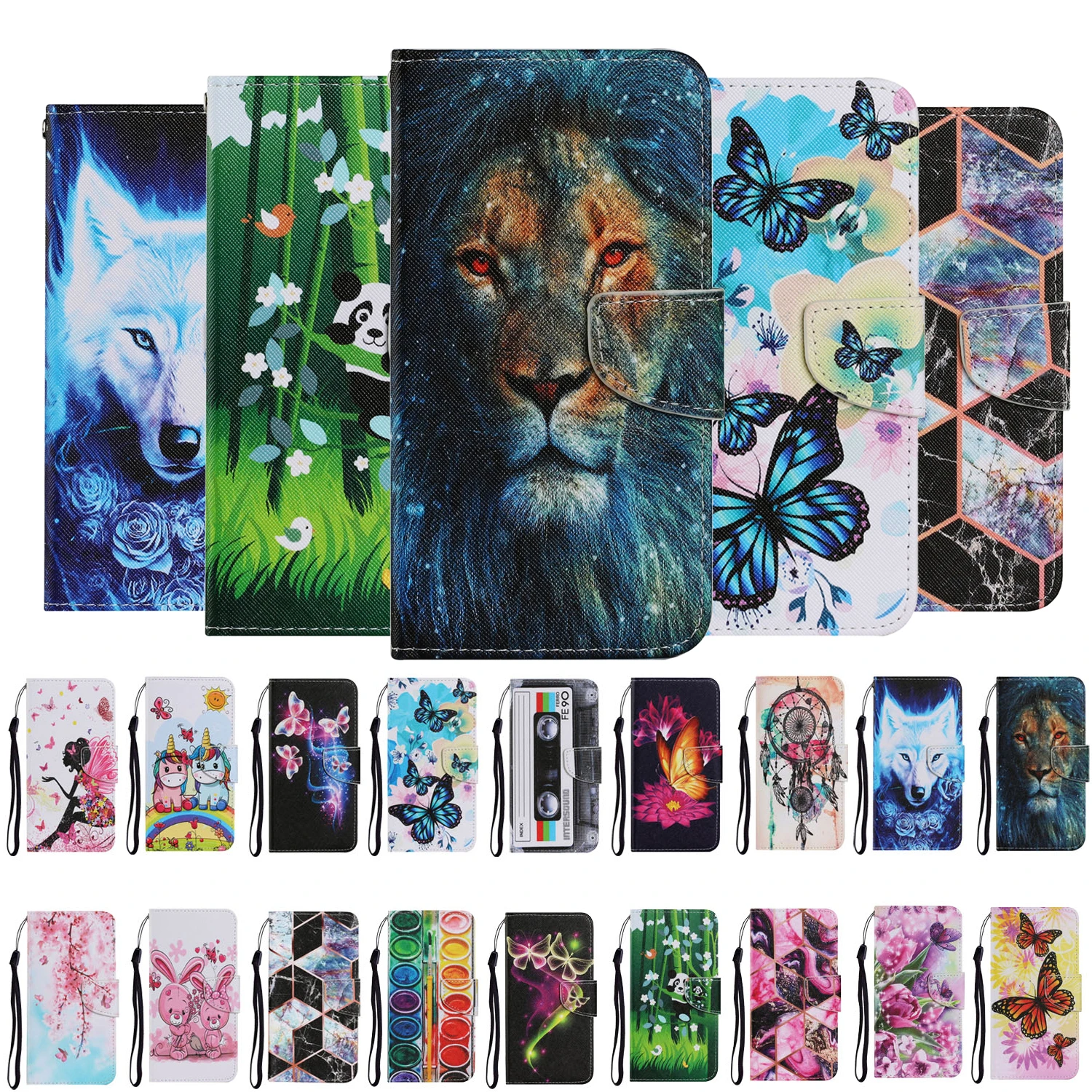 Leather Case For iPhone 6 6S 7 8 Plus 11 12 Pro X XS XR Max SE 2020 Butterfly Animal Painted Book Stand Flip Leather Phone Cover