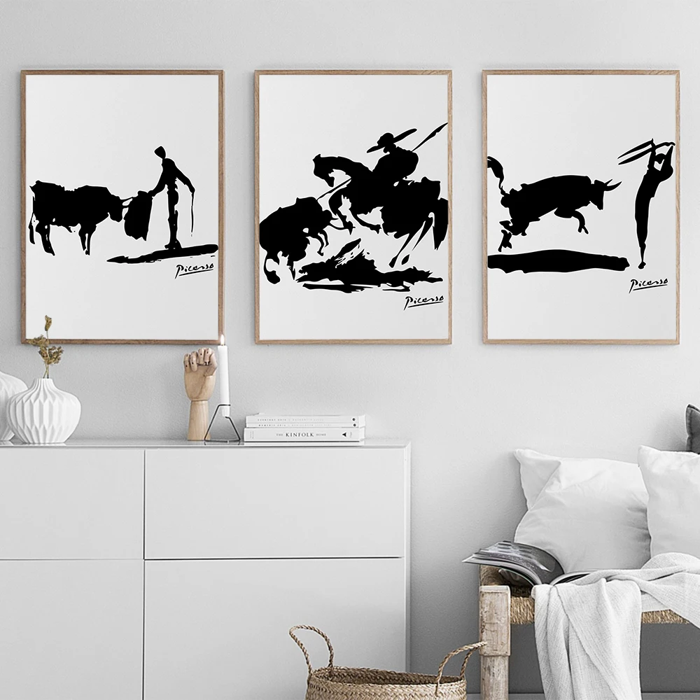 Abstract Picasso Human and Bull Silhouette Poster and Print Black White Canvas Painting Wall Art Pictures Home Decor